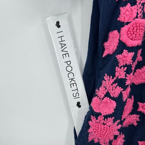 Sister Mary Navy Cotton Shift Dress Pink Floral Embroidery Pockets Womens Sz S - Picture 11 of 12
